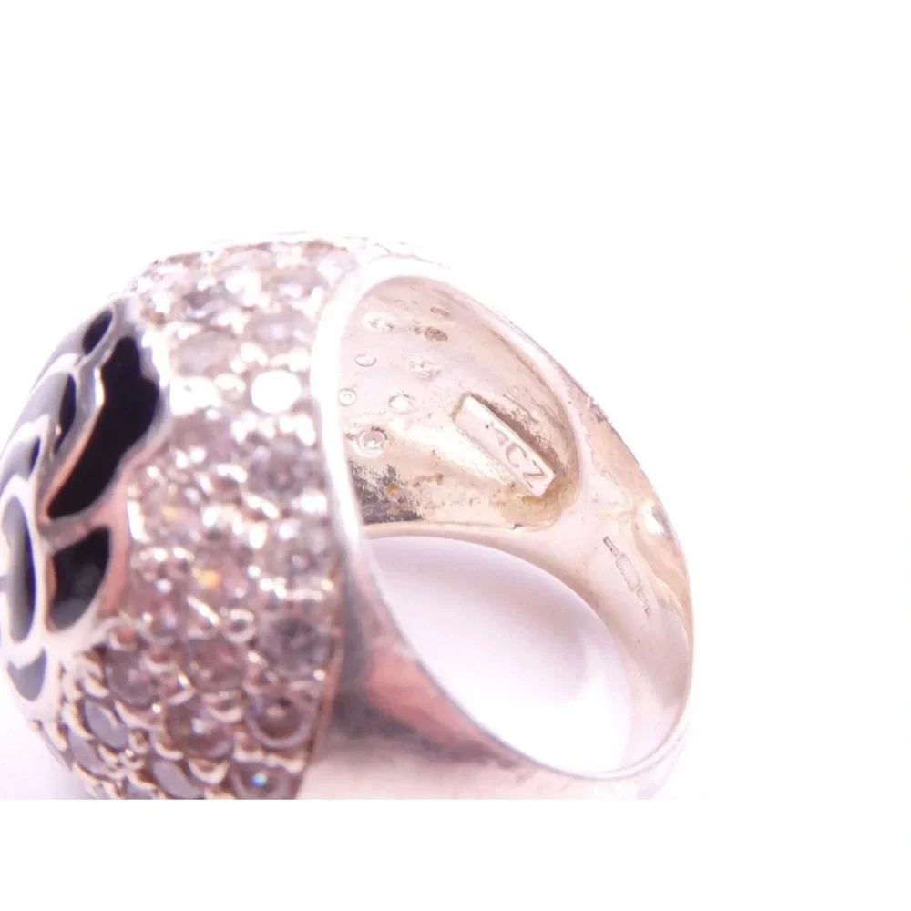VTG RARESerling Silver Ring Black Enamel Roses with Pave Cz Diamonds Size 10